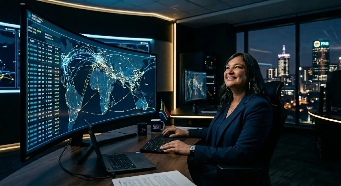 Travel manager monitoring real-time flight tracking dashboard in a dark, modern corporate office