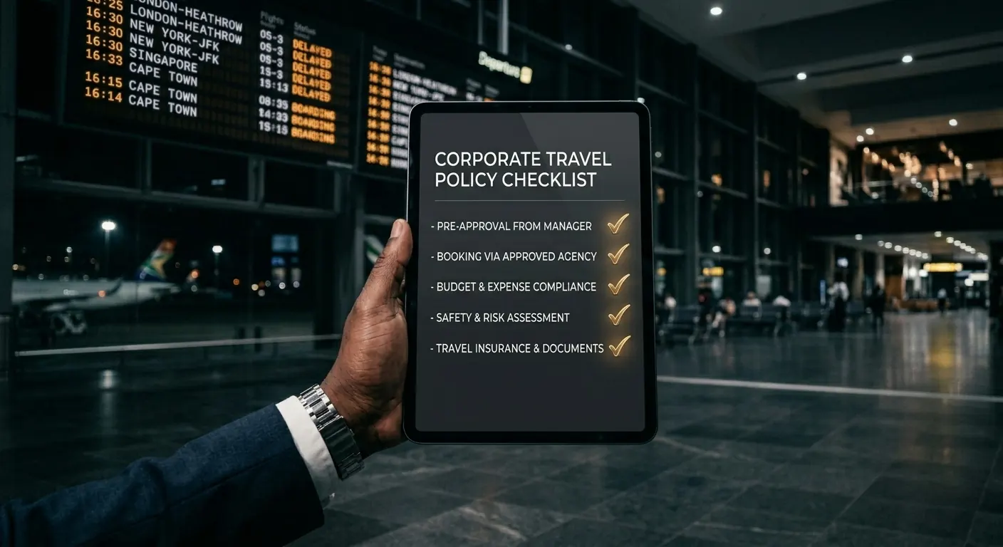 Executive reviewing a corporate travel policy checklist on a tablet, modern office, South Africa